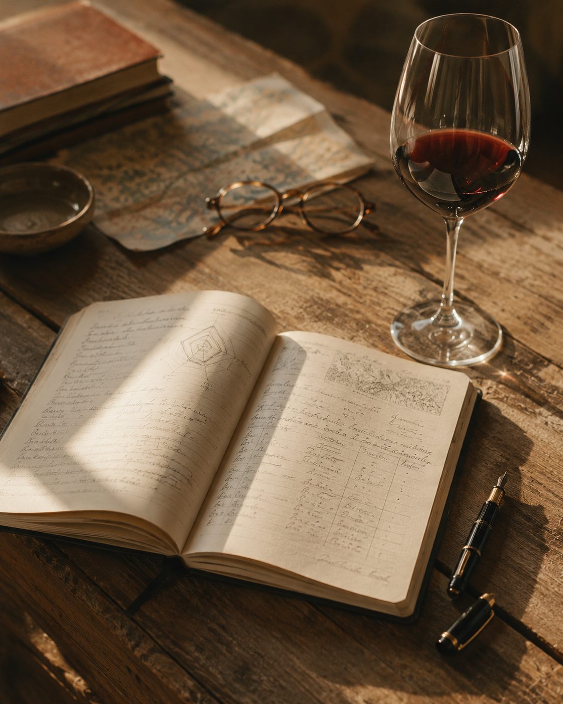 Mesa de trabalho com caderno de anotações e taça de vinho