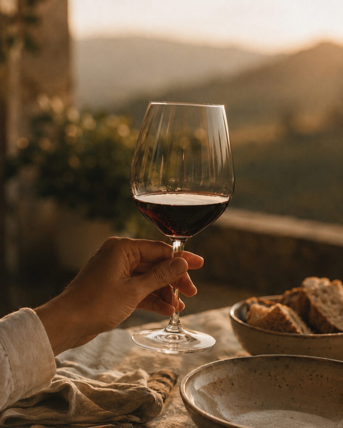 Mão segurando taça de vinho tinto à mesa