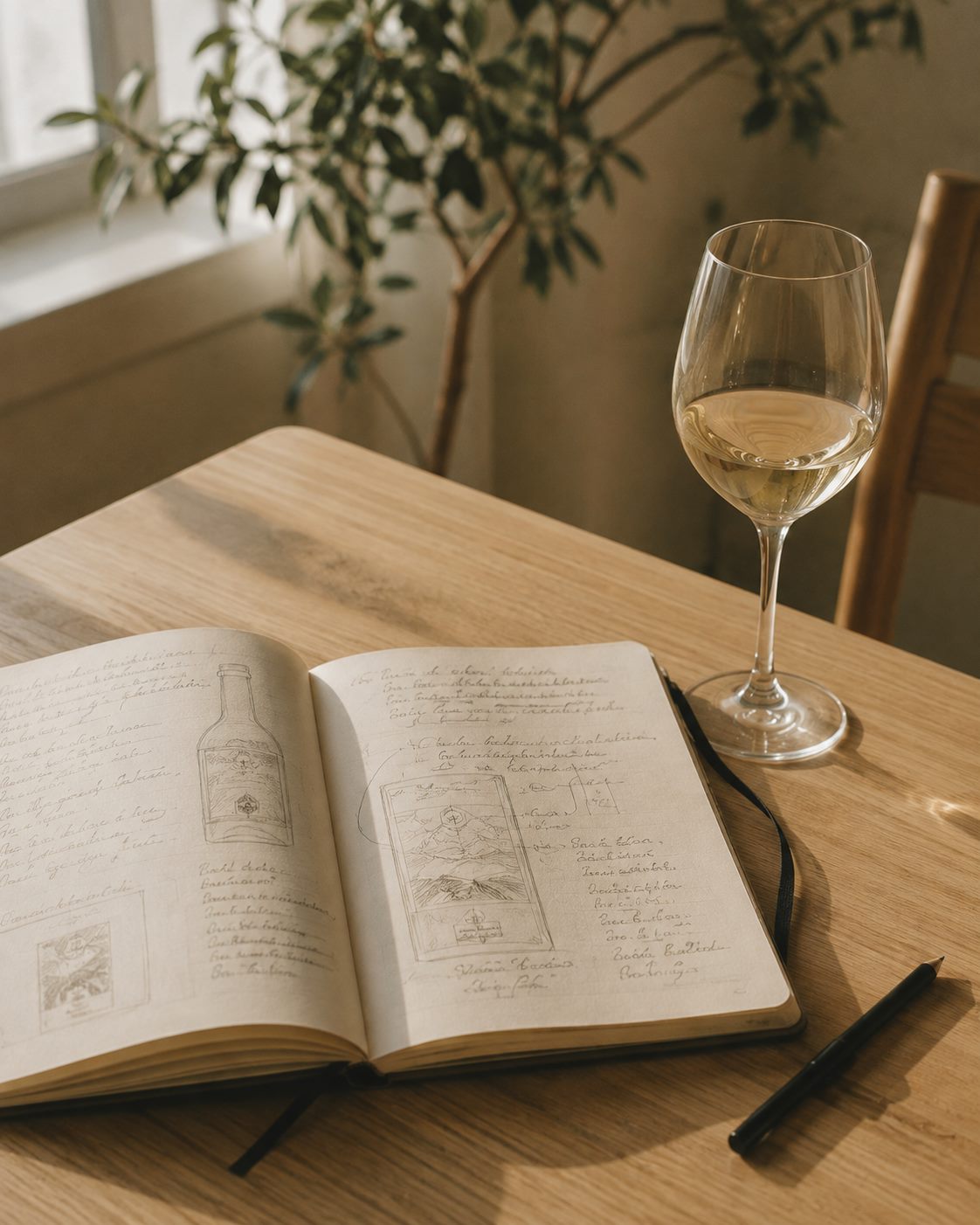 Caderno de conteúdo com esboços de rótulo e taça de vinho branco