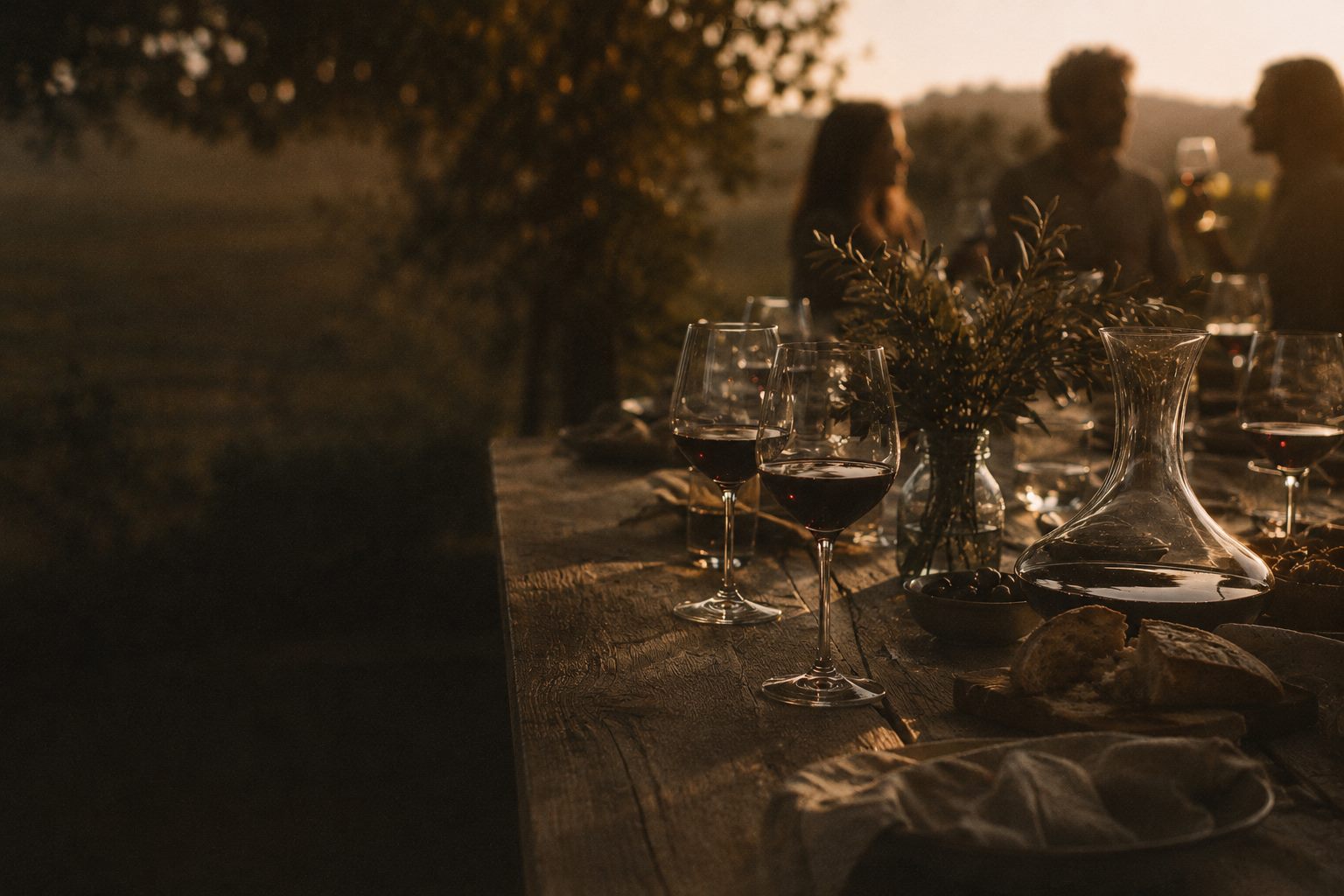 Mesa posta ao entardecer, taças de vinho e decantador